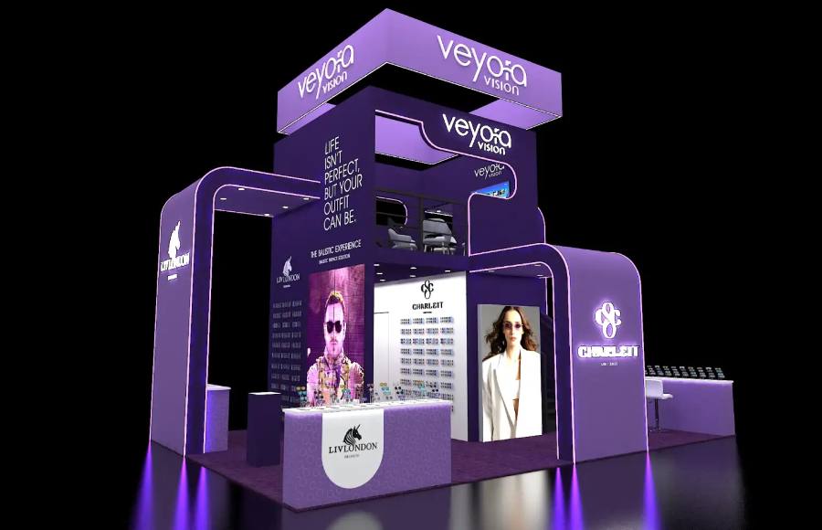 Design rendering of a Veyora Vision 20x20 double-deck island exhibit with backlit archways and a mezzanine lounge