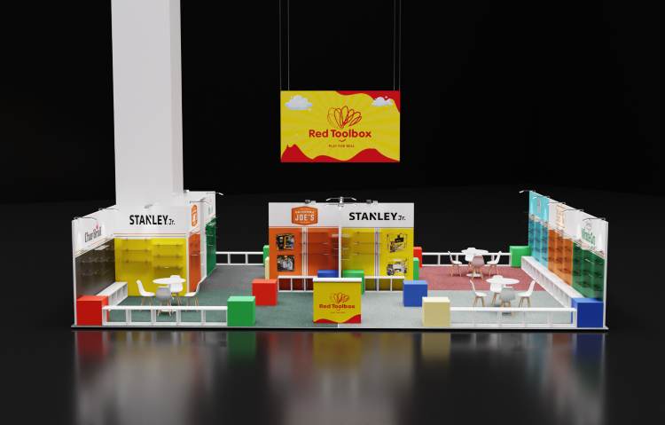 Design rendering of a Red Toolbox 40x40 island trade show exhibit in playful primary colors