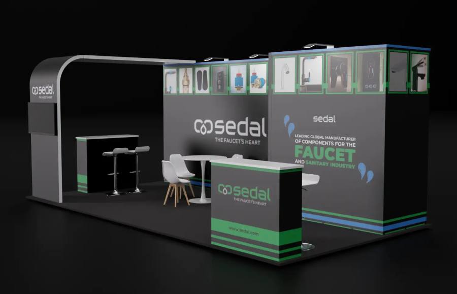 Sedal Group 10x20 peninsula trade show booth with angled walls and an archway entrance