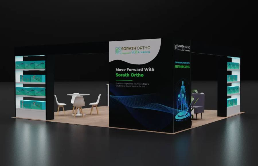 Sigma Surgical 20x20 island trade show exhibit with a teal and black premium finish