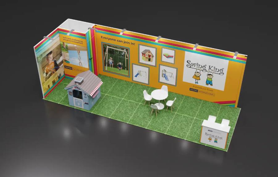 Swing King 10x20 inline trade show booth with turf flooring and playground equipment graphics