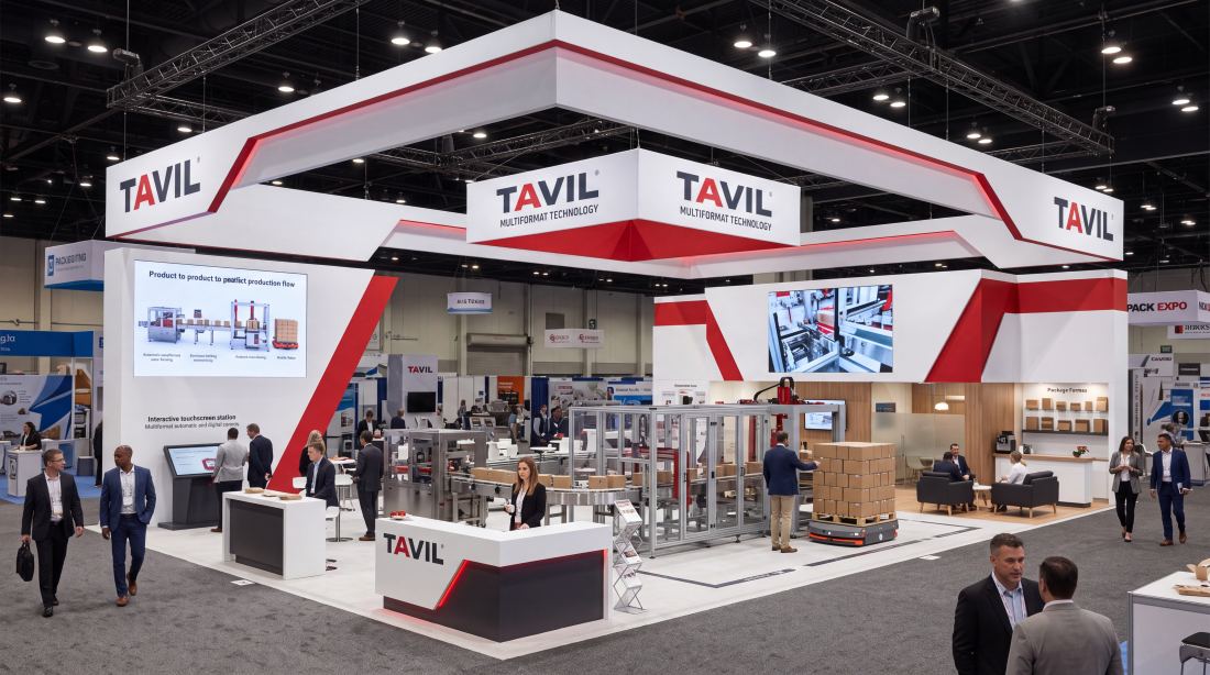 Tavil 20x40 island exhibit with a square hanging sign and a working robotic palletizing cell behind safety glass