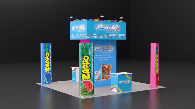 Design rendering of a Universal Candy 20x20 island trade show booth with candy wrapper towers