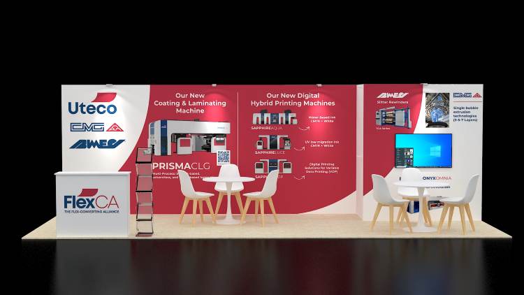 Design rendering of a Uteco 10x30 trade show booth with a curved red wall and machine diagrams