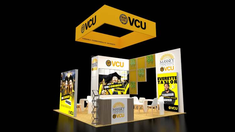 Design rendering of a Virginia Commonwealth University 20x20 island trade show booth with a yellow ring sign