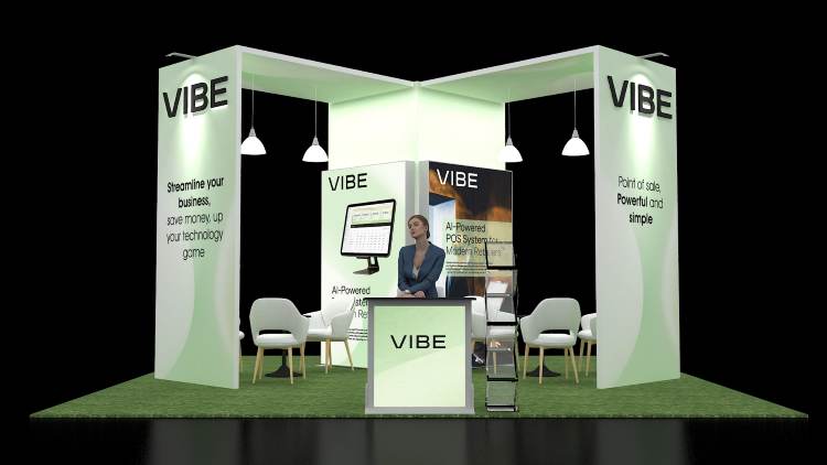 Design rendering of a Vibe 20x20 island trade show booth with green towers and turf flooring