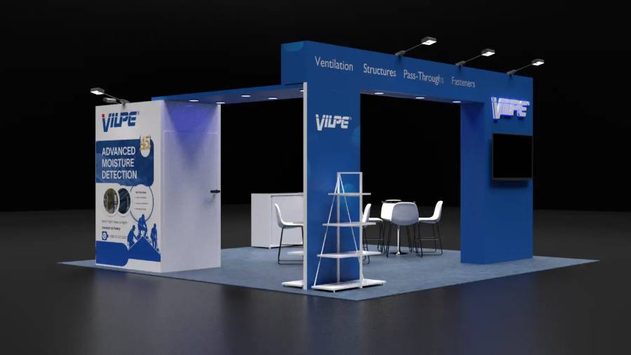 Vilpe 20x20 peninsula trade show booth with a blue arch header and lounge seating