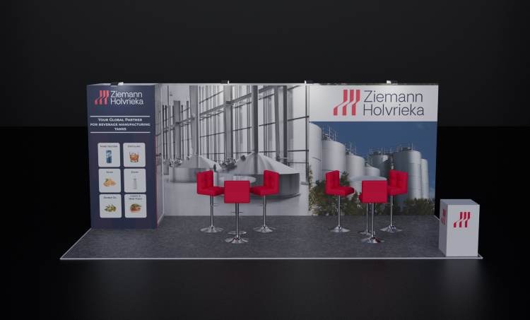 Design rendering of a Ziemann Holvrieka 10x20 trade show booth with factory photography