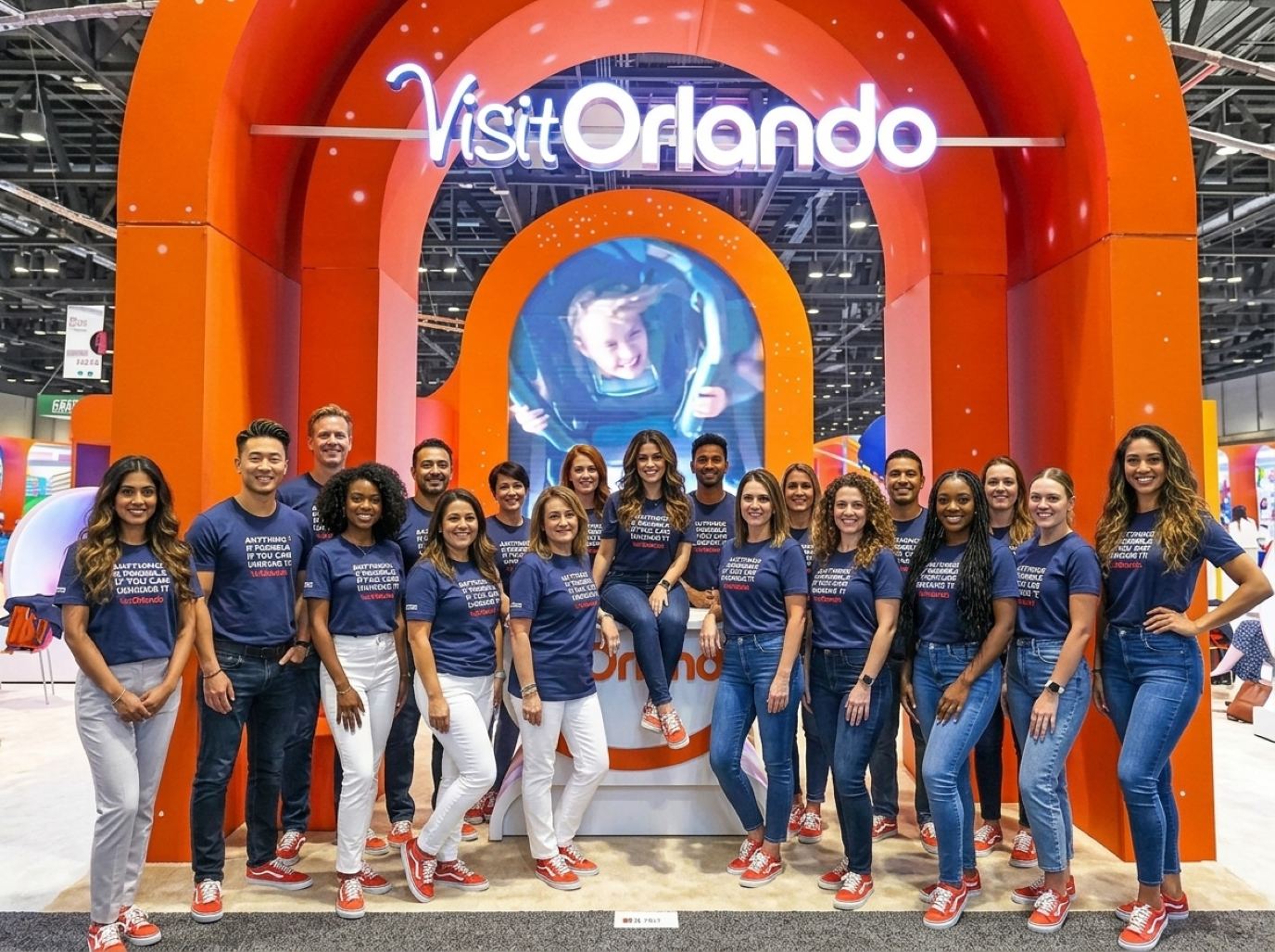 Large crew of brand ambassadors for trade shows in matching navy slogan tees, jeans or white trousers and red sneakers, posed together under a giant orange arch at an exhibit