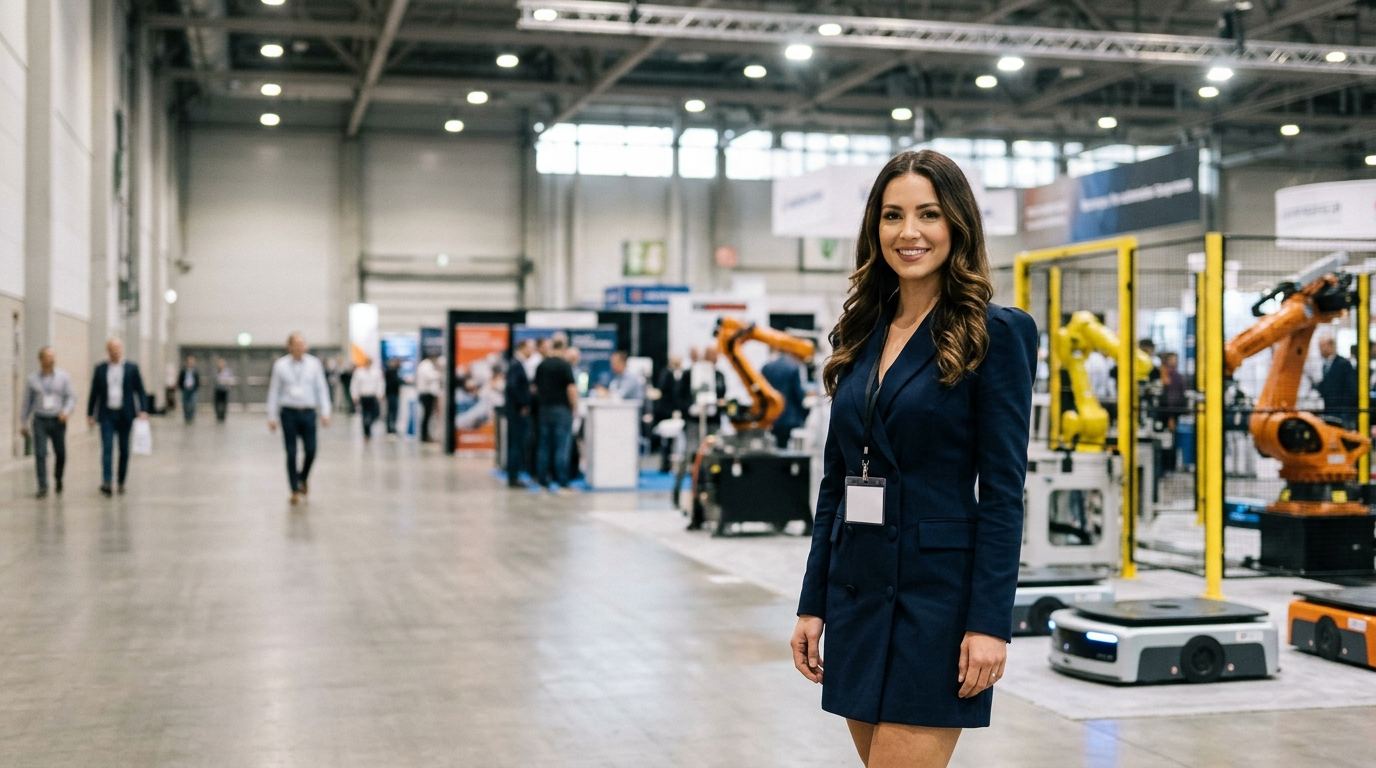 Automation expo hall with robotic arms and autonomous mobile robots, and a brand ambassador in a navy blazer greeting visitors