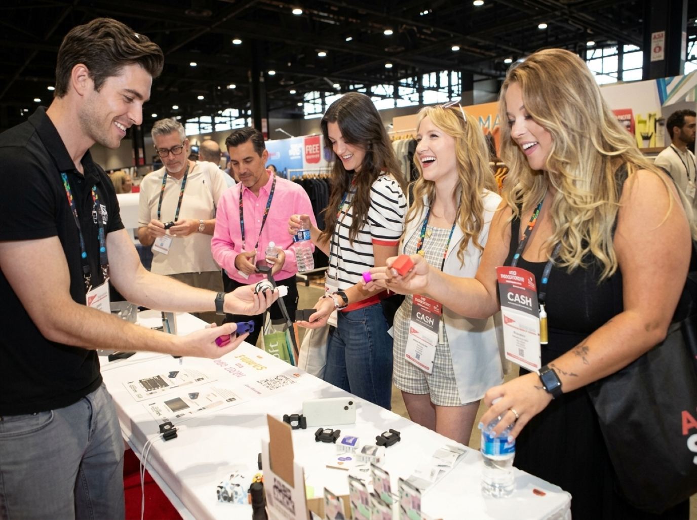 Booth rep in a black polo handing small product samples across a white table to smiling buyers with lanyards, the hands-on style of our SuperZoo trade show models and reps