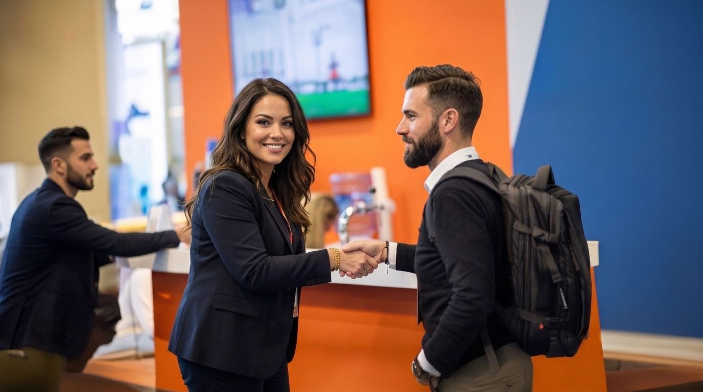 RSA Conference booth staff from Purple Exhibits: a host in a navy blazer shakes hands with a visitor carrying a backpack at an orange exhibit counter