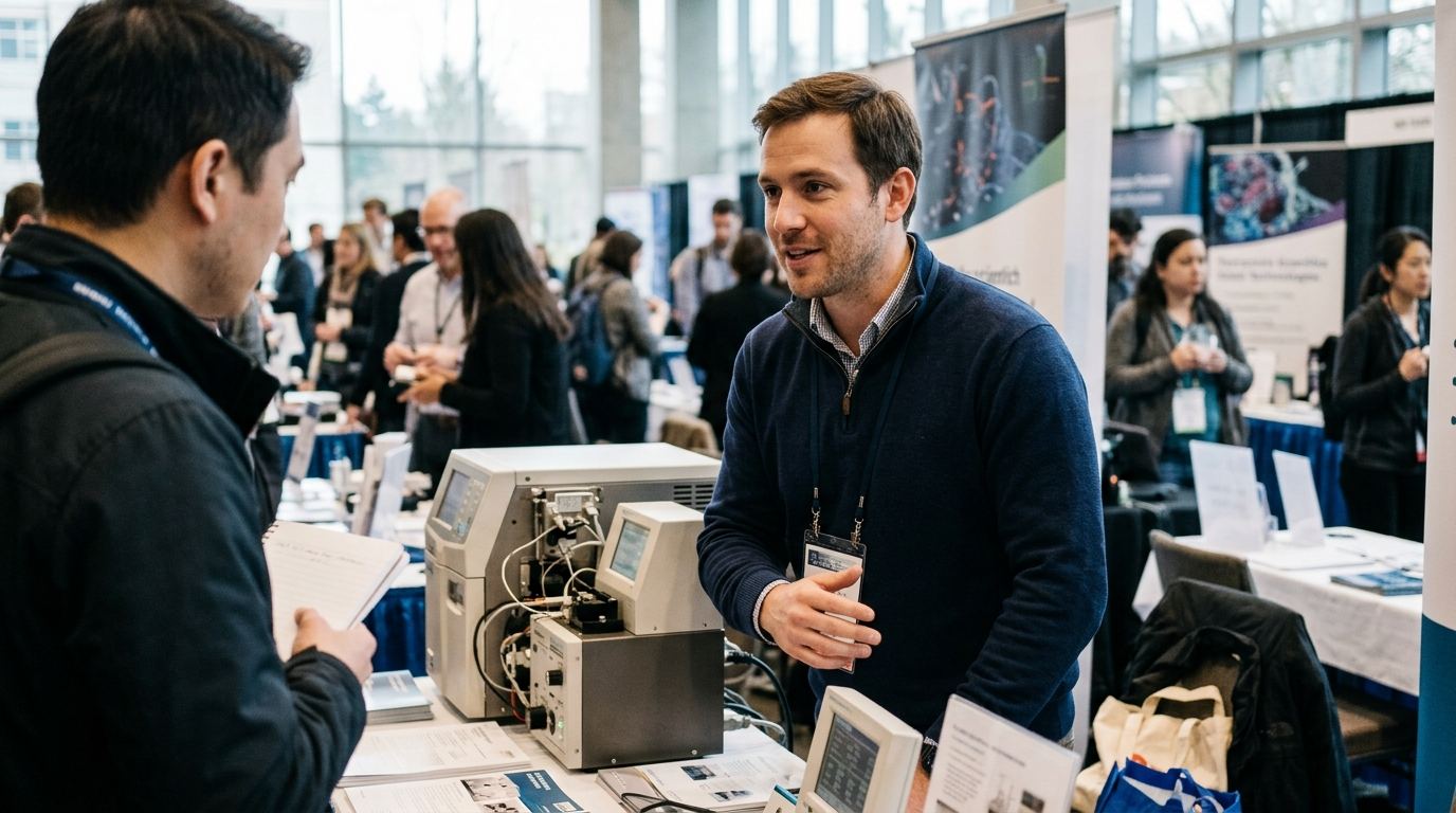Booth representative explaining a scientific instrument at a Seattle research meeting