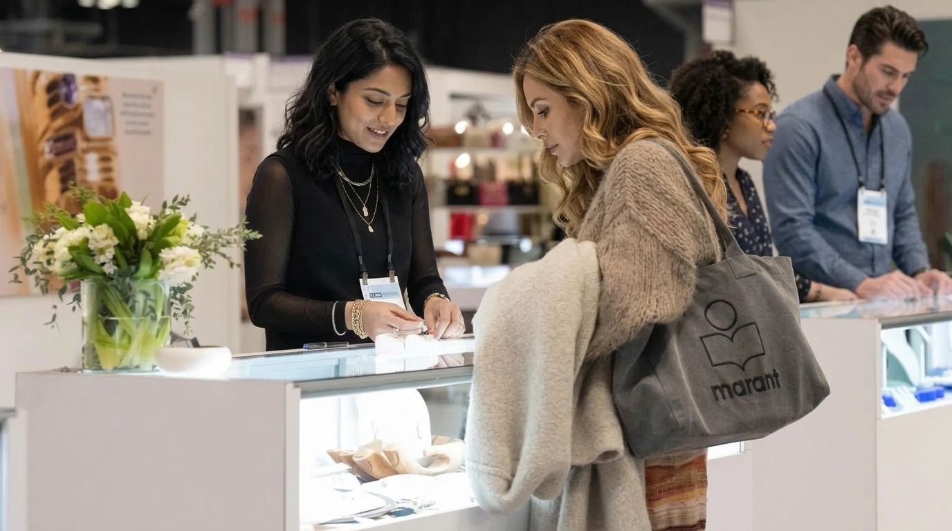 Booth representative in a black sheer-sleeve top with a show lanyard walking a visitor through items on a lit glass counter
