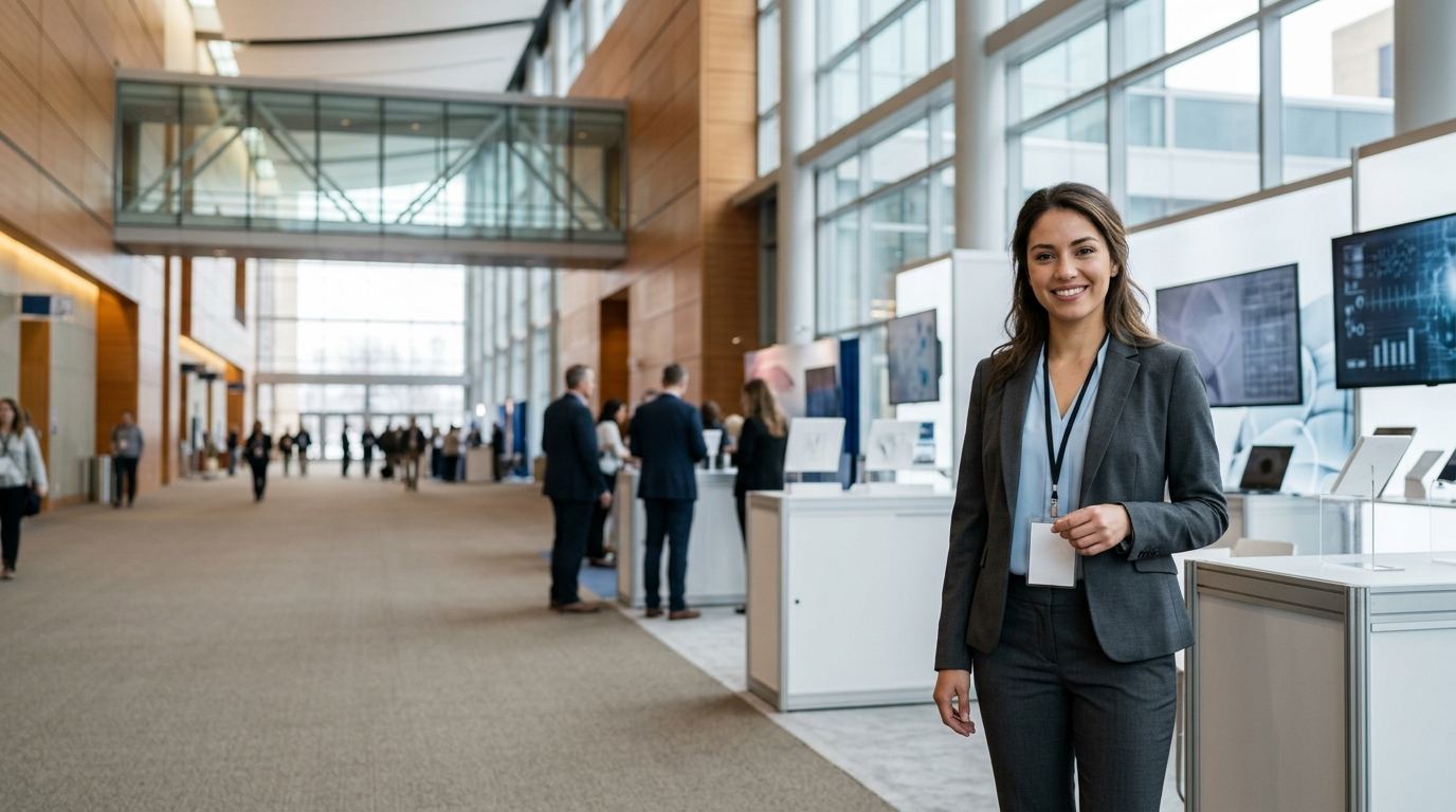 Booth representative in a charcoal suit at a medical-technology booth under a glass skyway, Minneapolis