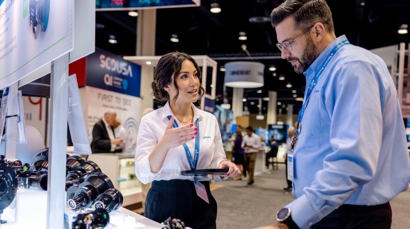 Booth representative in a crisp white blouse and lanyard using a tablet while she talks hardware with a visitor in a blue shirt, a lead capture role Purple fills for re:Invent