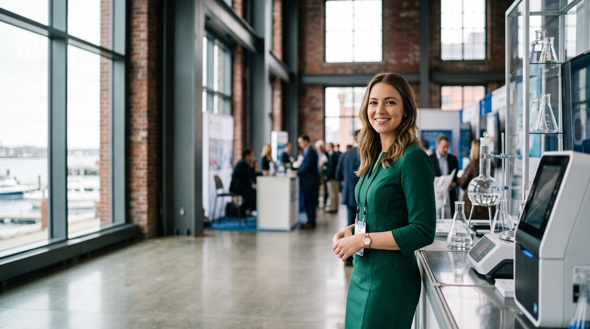 Booth representative in an emerald dress at a biotech exhibit with lab glassware in a Boston Seaport convention hall