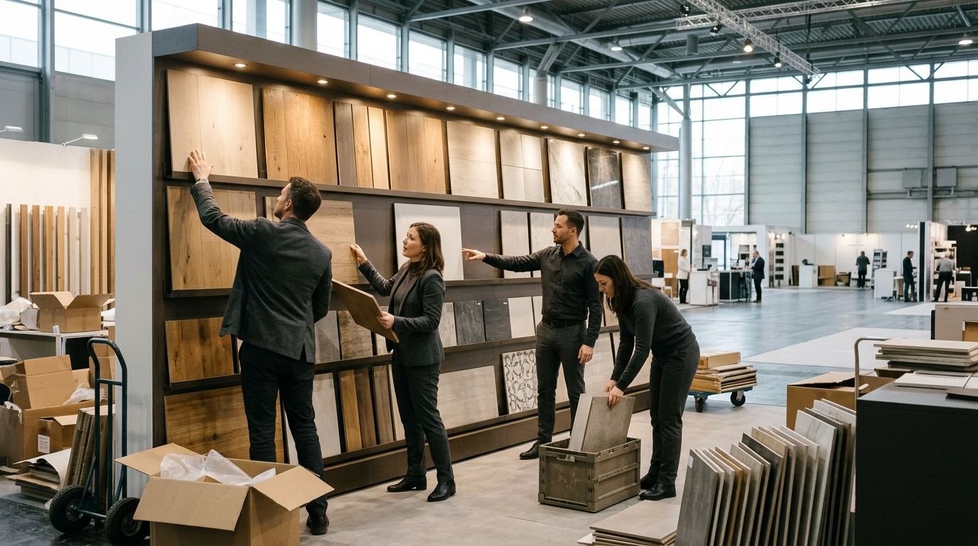 Booth staff arranging sample boards on a wall of tile and wood samples before the exhibit hall opens