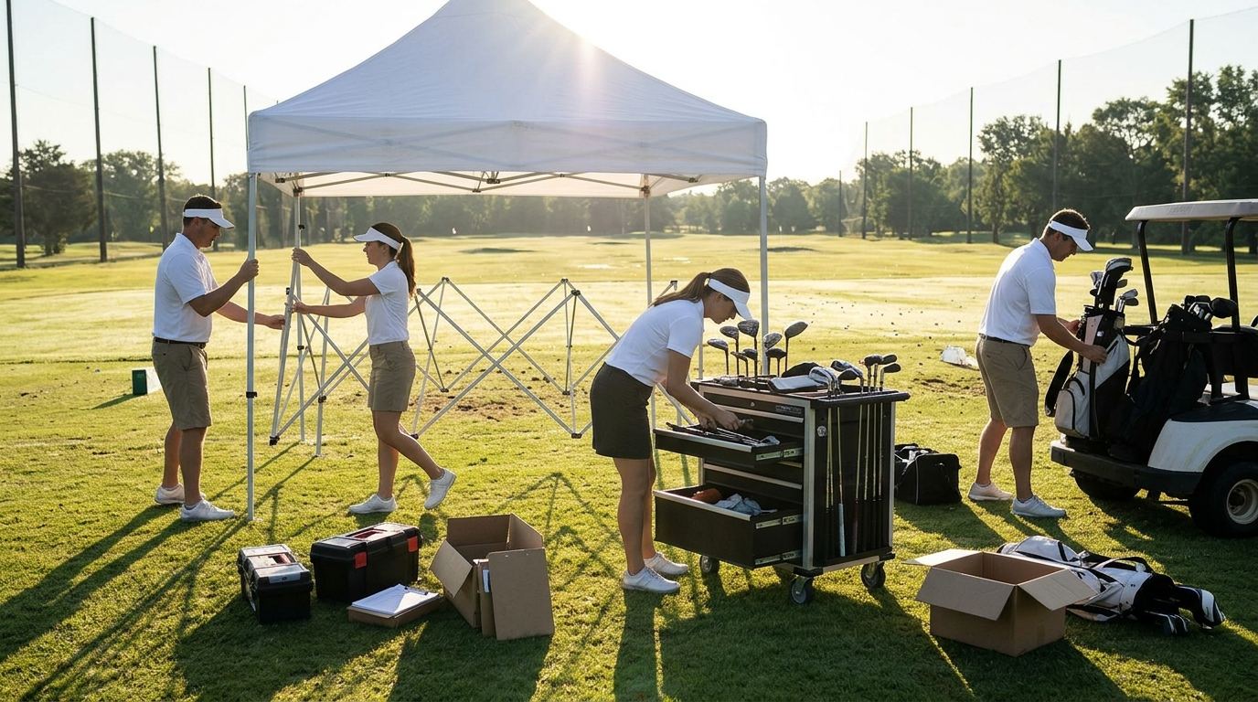 Booth staff in polos setting up club fitting carts and range tents at an outdoor driving range on a demo day morning