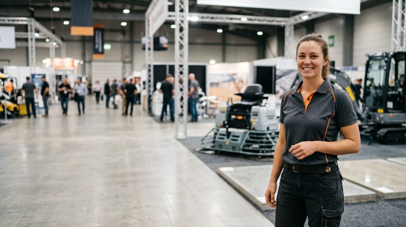 Machine host in a gray polo with orange piping standing near a ride-on power trowel and a compact excavator on an equipment show floor