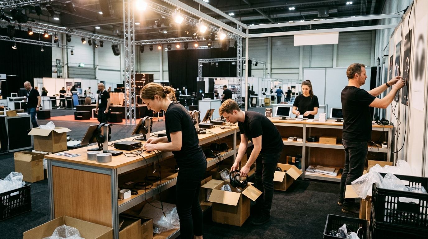 Booth staff setting up a headphone demo bar with numbered listening stations before the show floor opens