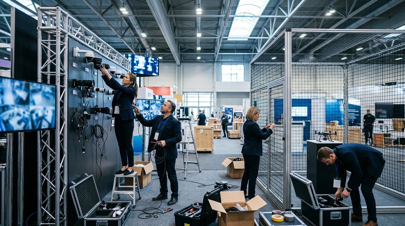 Booth staff setting up a live camera demo wall and a netted drone cage at a security booth before the show opens