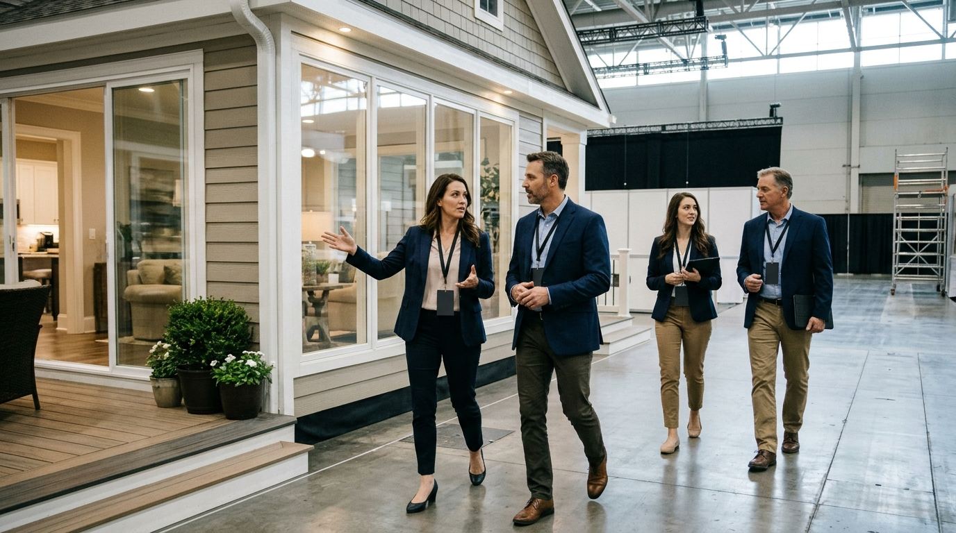 Booth staff walking through a model home-style booth with window and siding displays before the show opens