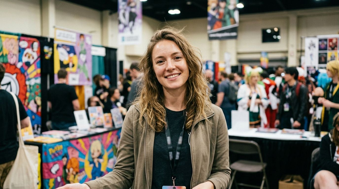 Brand ambassador at a colorful fan-convention booth in Seattle