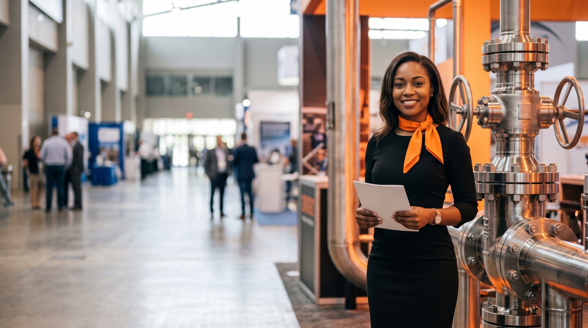 Brand ambassador in a black dress and orange scarf holding a brochure beside steel valve equipment at a Houston energy exhibit