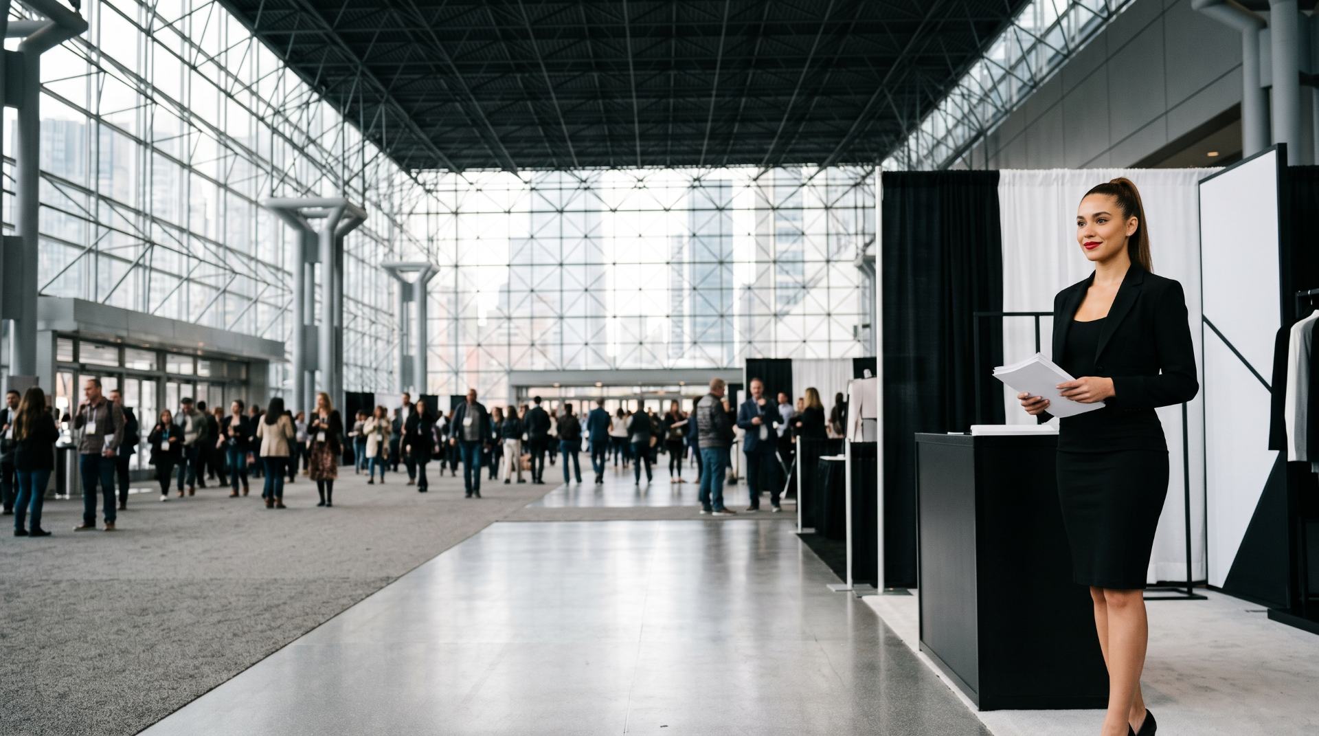 Brand ambassador in a black dress holding a folder at an exhibit inside the Javits Center, New York