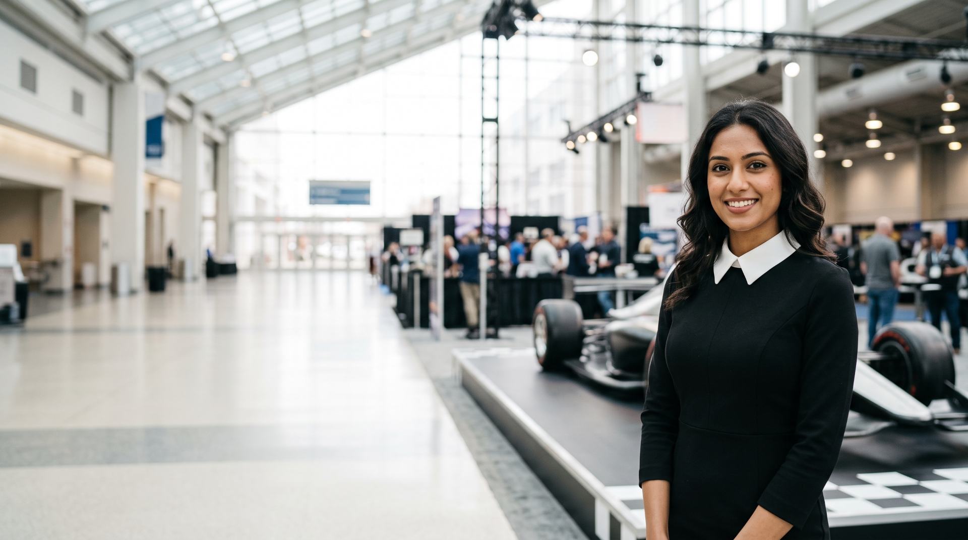Brand ambassador in a black dress with a white collar at a racing exhibit with an open-wheel race car, Indianapolis