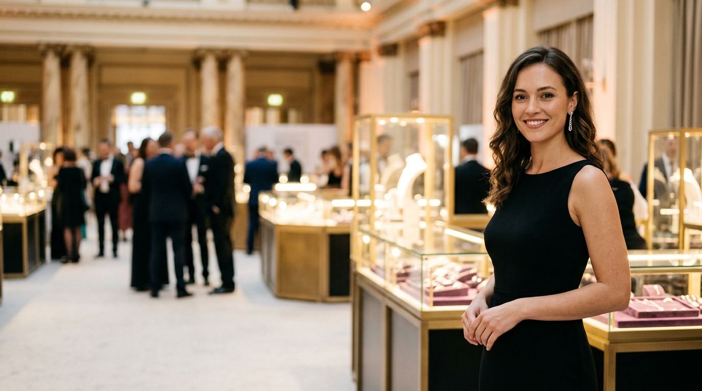 Brand ambassador in a black evening dress with sparkling earrings beside glowing jewelry showcases at JCK Las Vegas