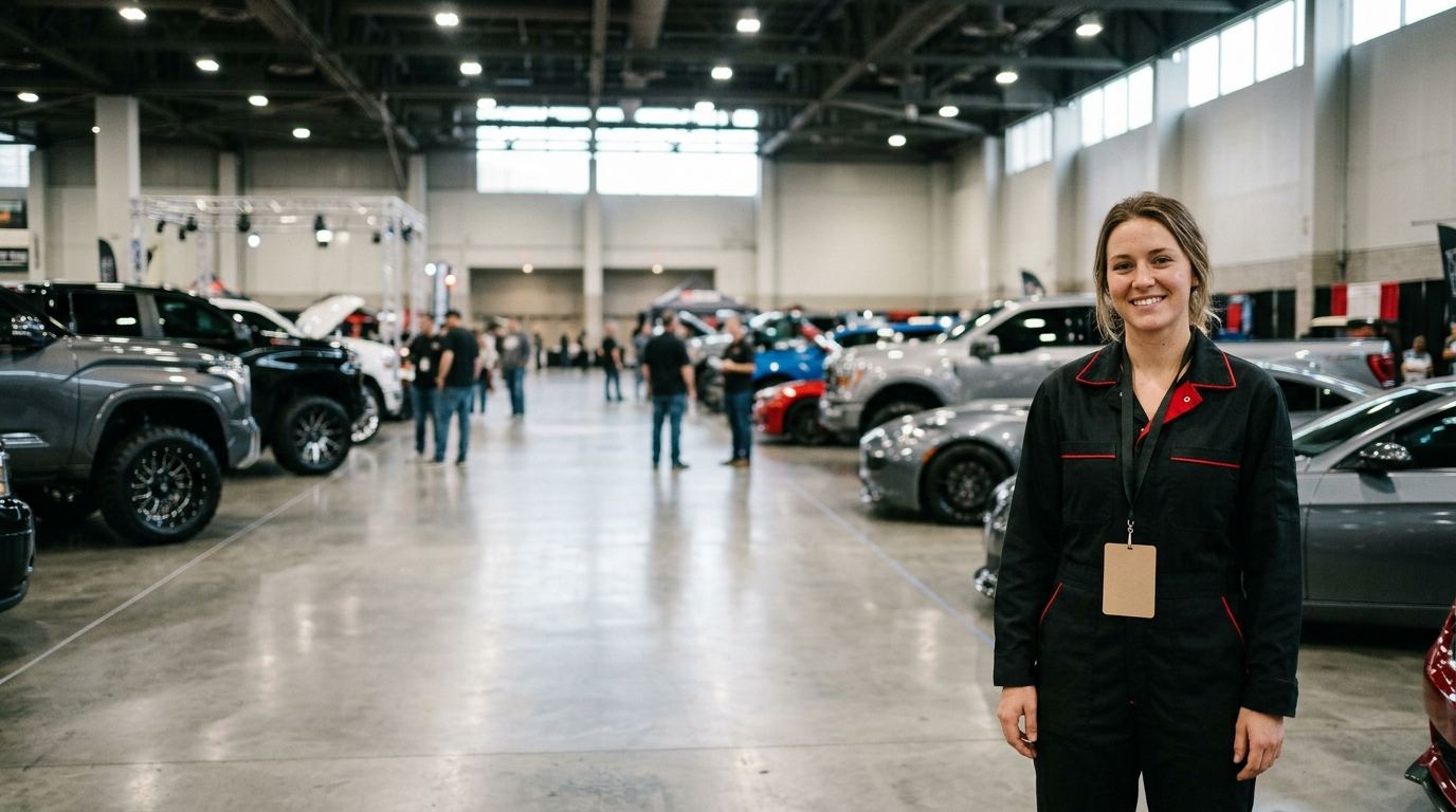 Brand ambassador in a black jumpsuit in a hall of custom trucks and sports cars at the SEMA Show, Las Vegas