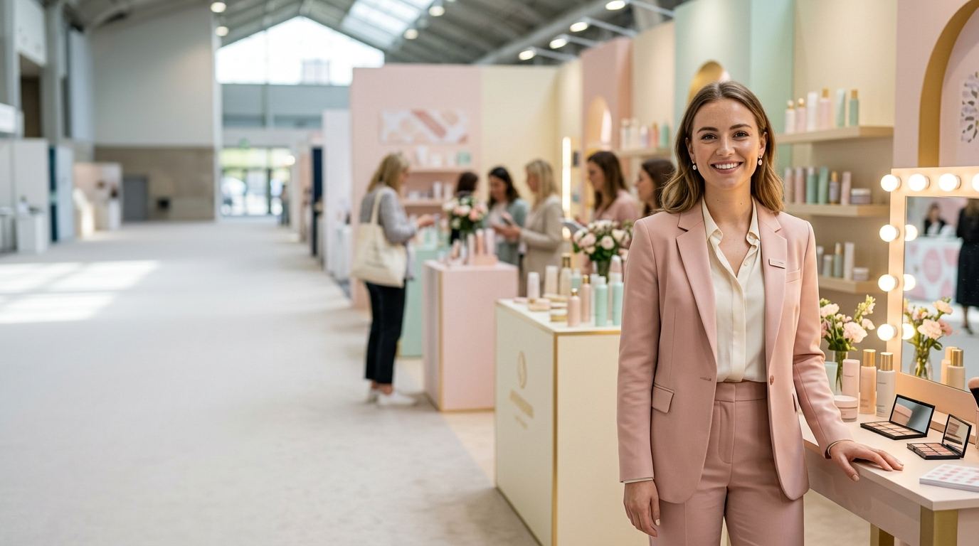 Brand ambassador in a blush-pink suit in a pastel beauty exhibition hall with lit vanity mirrors, Cosmoprof Las Vegas