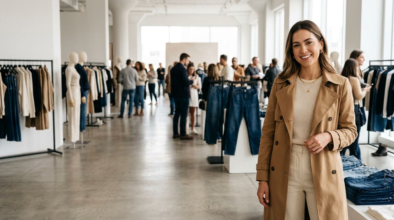 Brand ambassador in a camel trench coat in a bright clothing showroom aisle at MAGIC Las Vegas