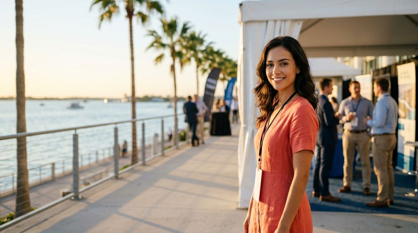 Brand ambassador in a coral linen dress on a waterfront convention terrace with palm trees and the bay, Tampa