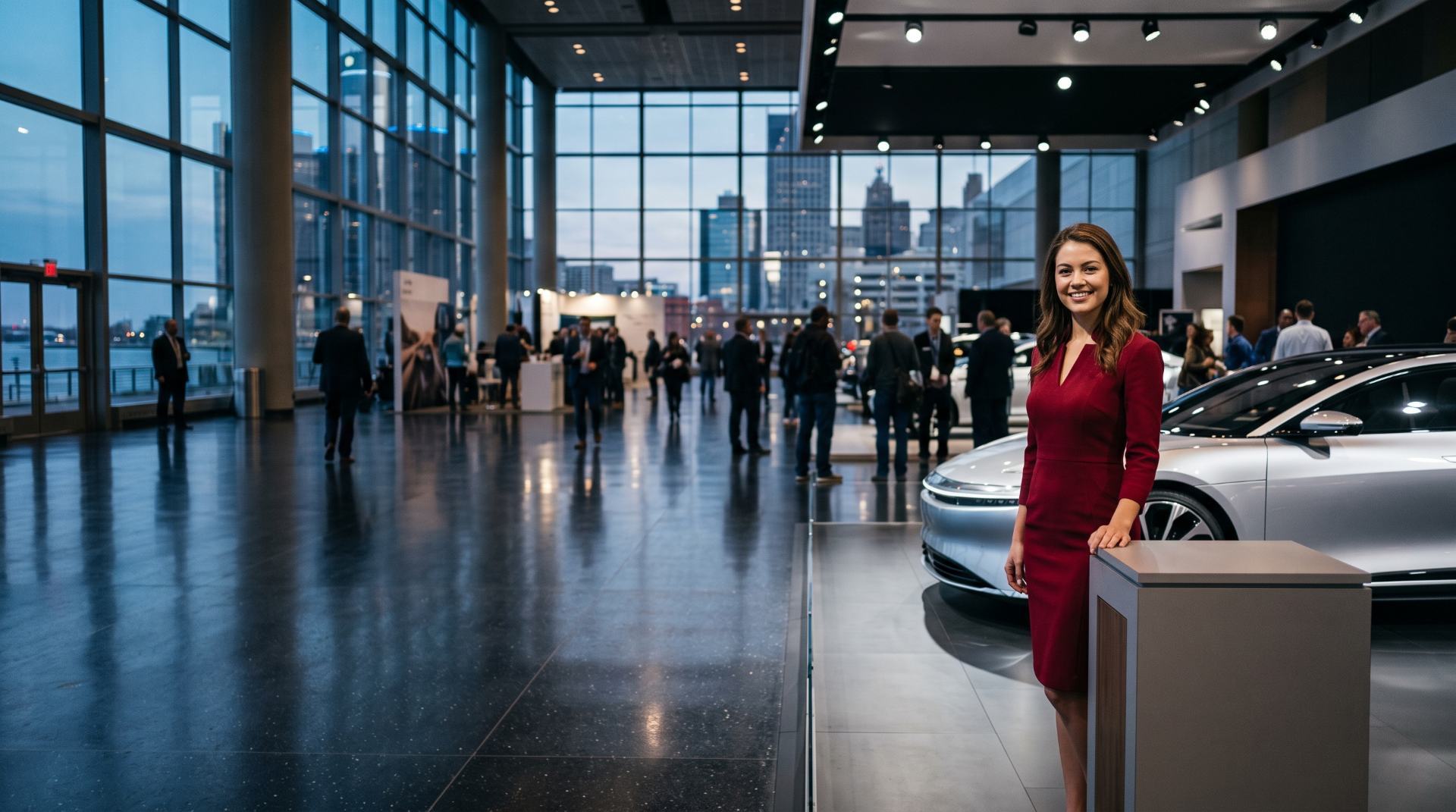 Brand ambassador in a crimson dress beside a silver concept car at a Detroit auto show hall overlooking the river