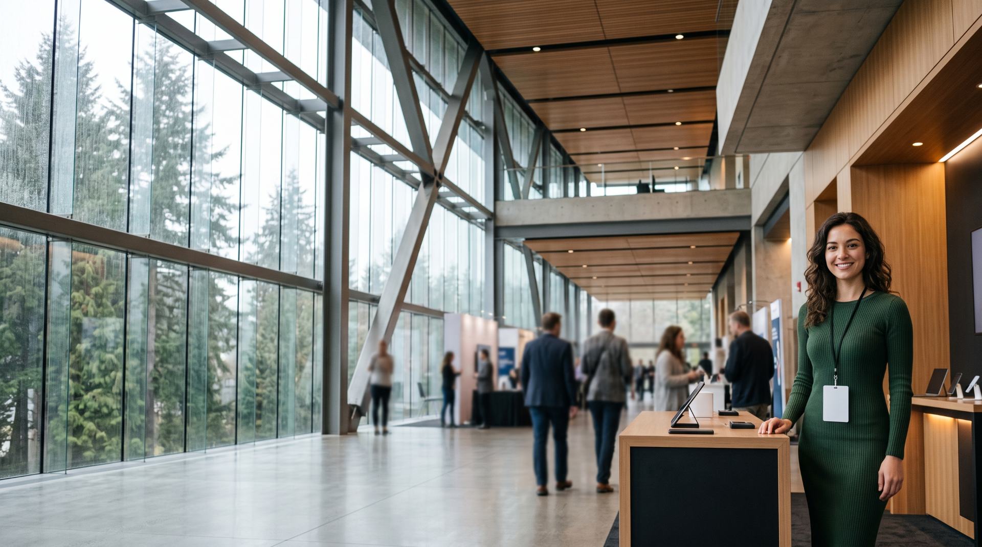 Brand ambassador in a forest-green knit dress at a minimalist tech booth in a glass convention hall with evergreen trees outside, Seattle
