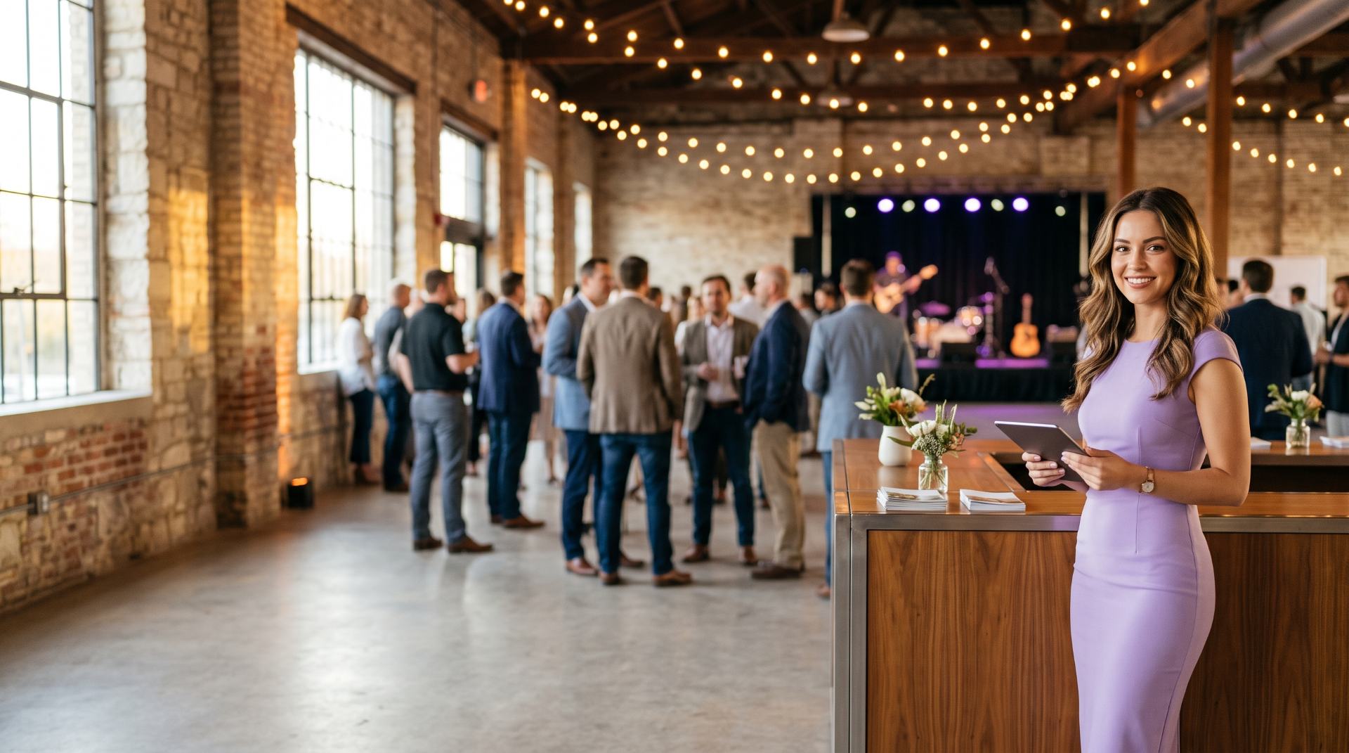 Brand ambassador in a lavender dress holding a tablet at a brand-activation lounge in a converted warehouse venue, Austin