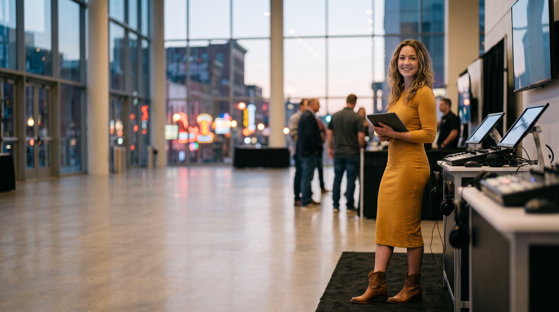 Brand ambassador in a mustard dress and western boots holding a tablet at a music-tech booth in a downtown Nashville convention hall
