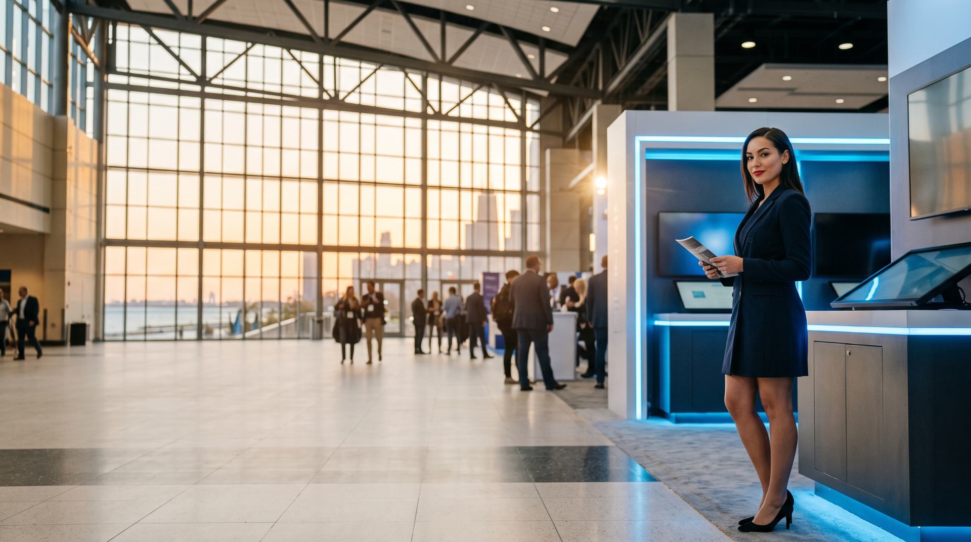 Brand ambassador in a navy dress at a blue-lit exhibit inside McCormick Place, Chicago