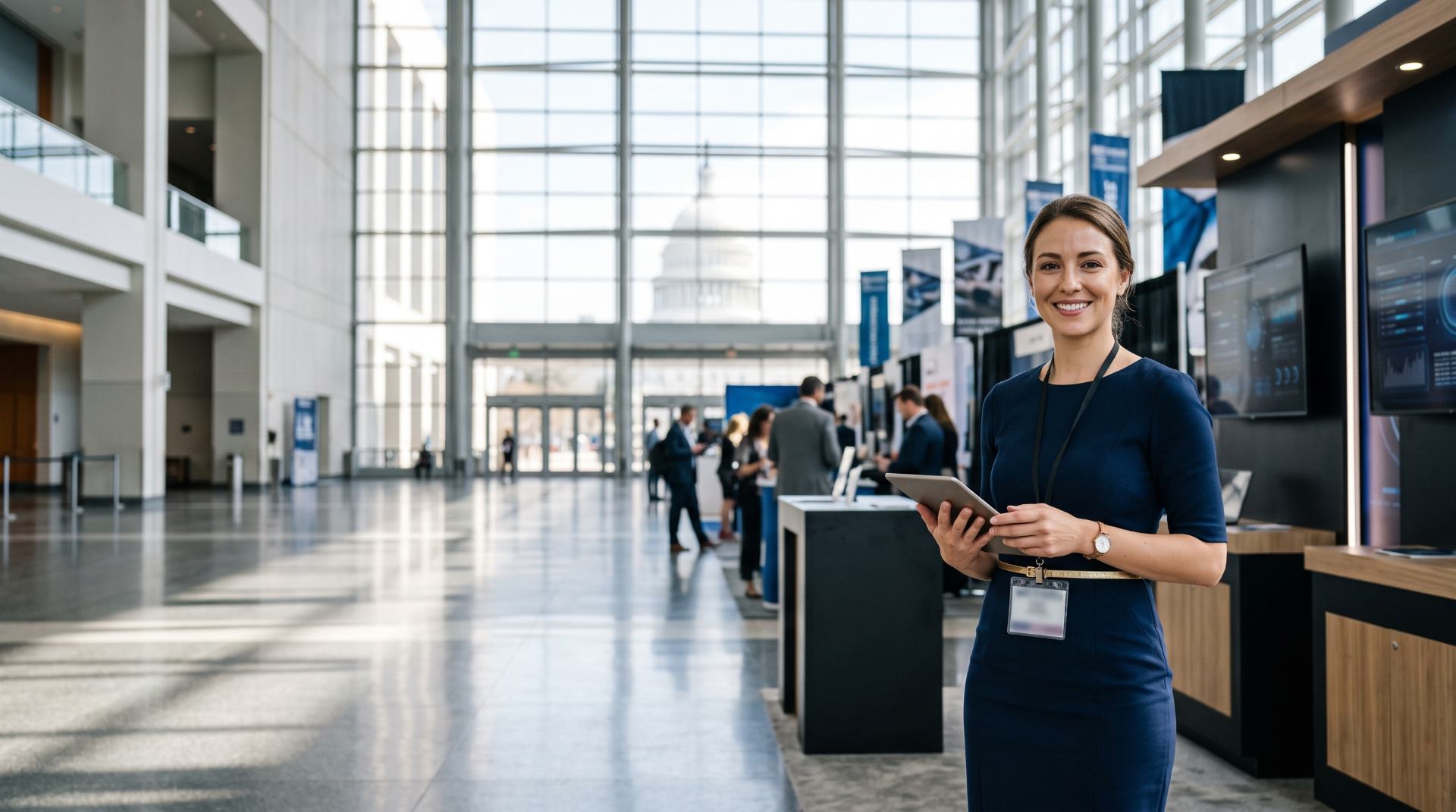 Brand ambassador in a navy dress holding a tablet in the glass atrium of a Washington, DC convention center