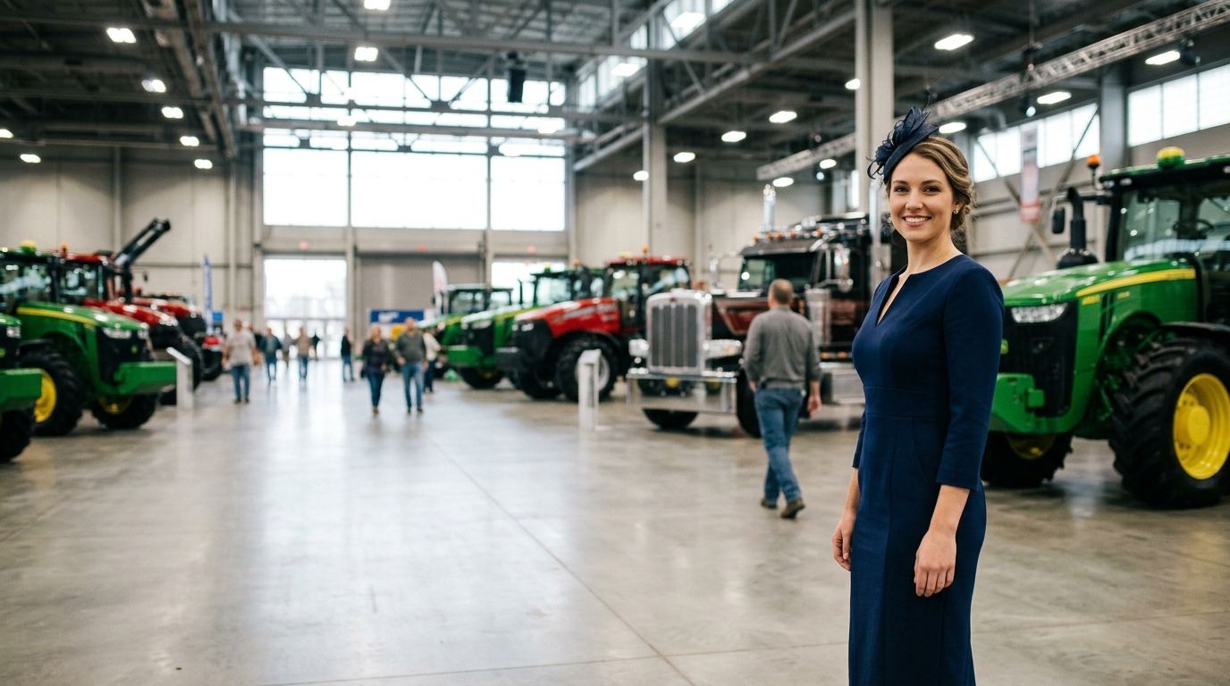 Brand ambassador in a navy dress in a farm machinery exposition hall with tractors and a semi-truck, Louisville