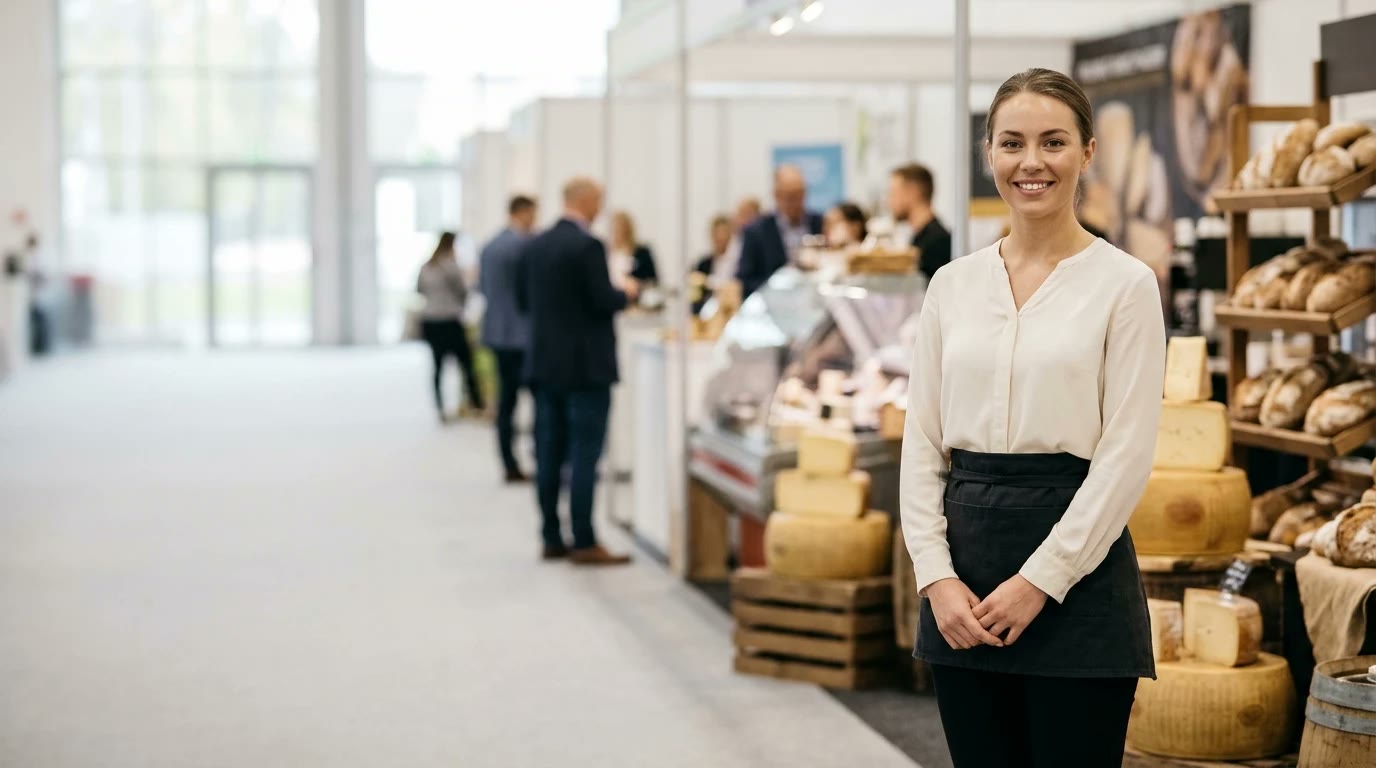 Brand ambassador in a polished outfit on the right of a wide dairy, deli and bakery expo hall with cheese cases and bakery displays