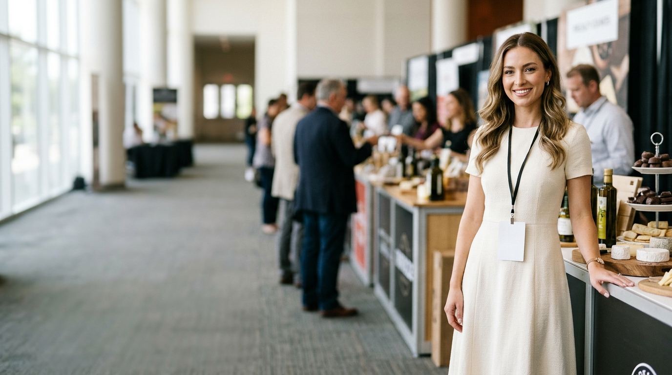 Brand ambassador in a polished outfit standing in a bright specialty food expo hall lined with tasting booths