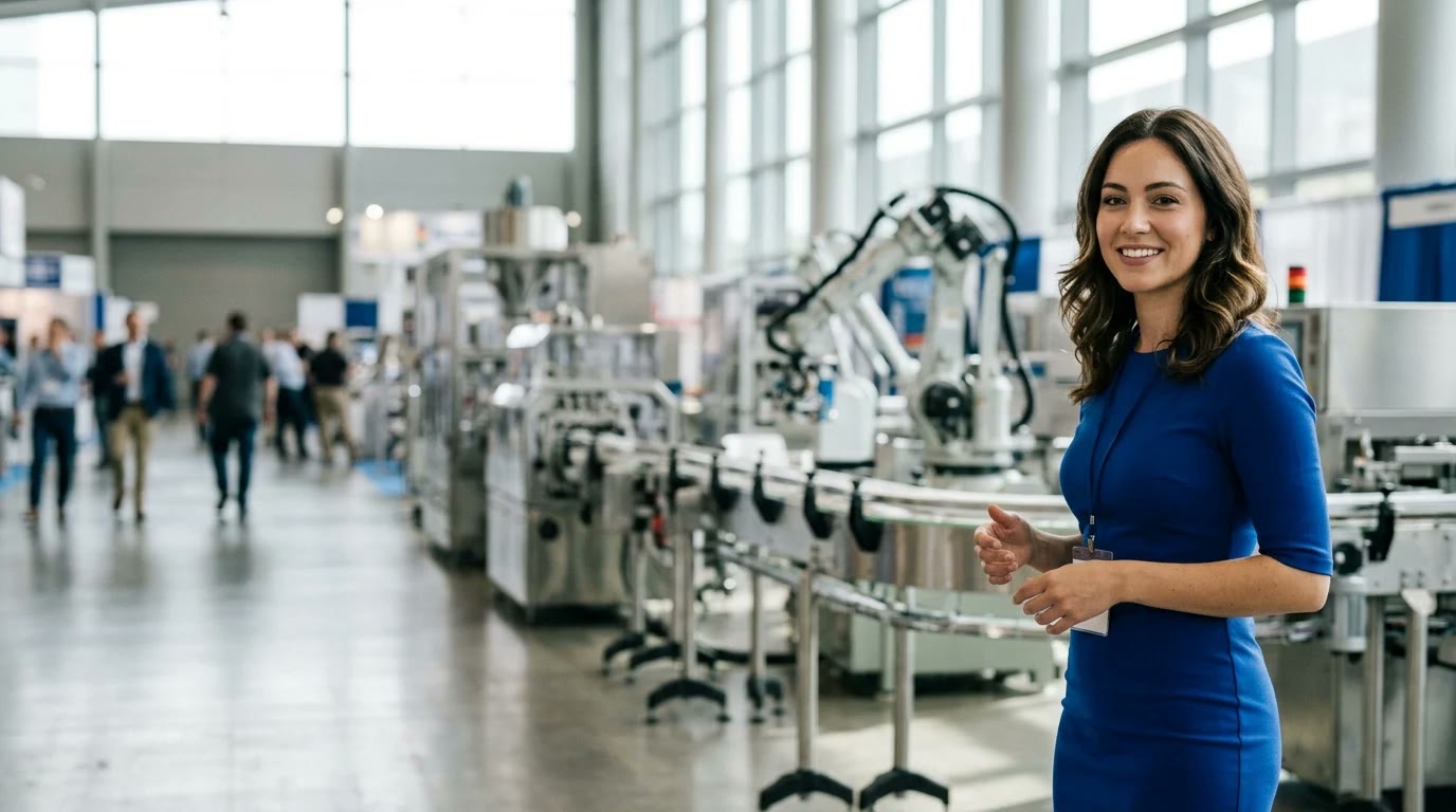 Brand ambassador in a polished outfit standing on the right of a wide packaging and processing machinery hall with conveyors and filling lines