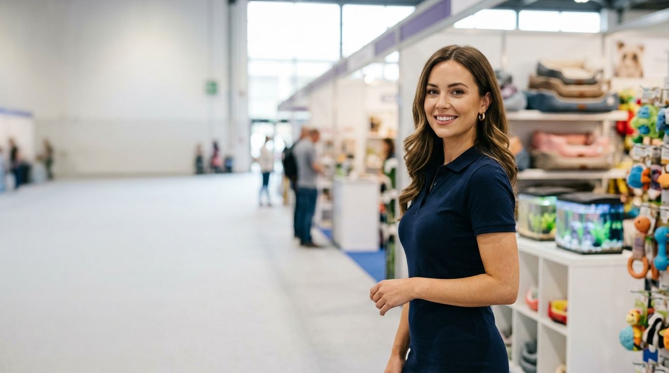 Brand ambassador in a polished outfit standing on the right of a wide, bright pet products expo hall lined with colorful booths