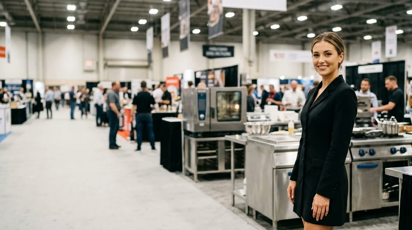 Brand ambassador in a polished outfit standing on the right of a wide foodservice equipment and food and beverage expo hall
