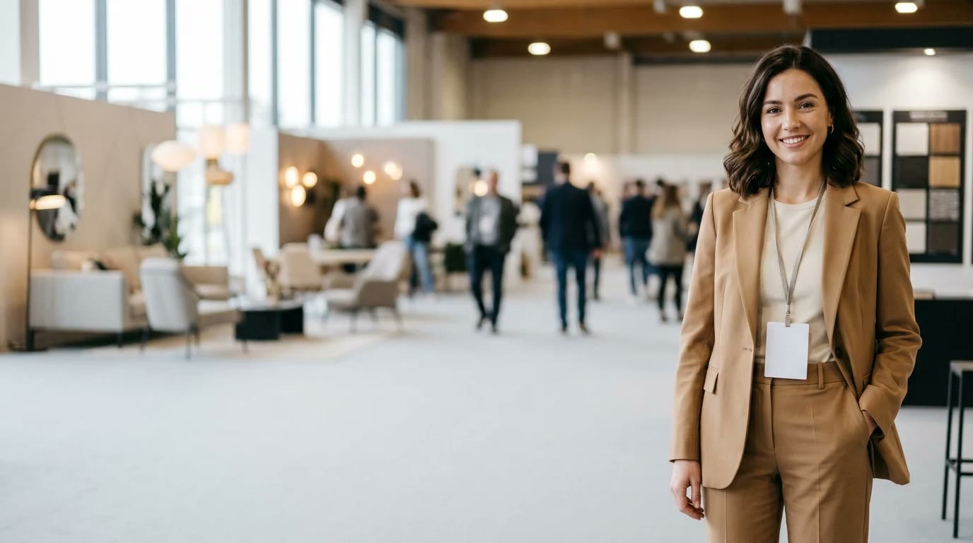 Brand ambassador in a polished outfit standing on the right of a wide hospitality design expo hall set with hotel furniture, lighting and finish displays