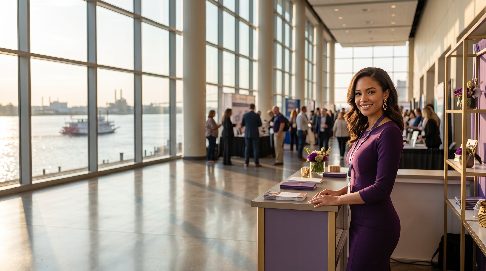Brand ambassador in a purple dress at a hospitality booth in a riverside convention hall, New Orleans